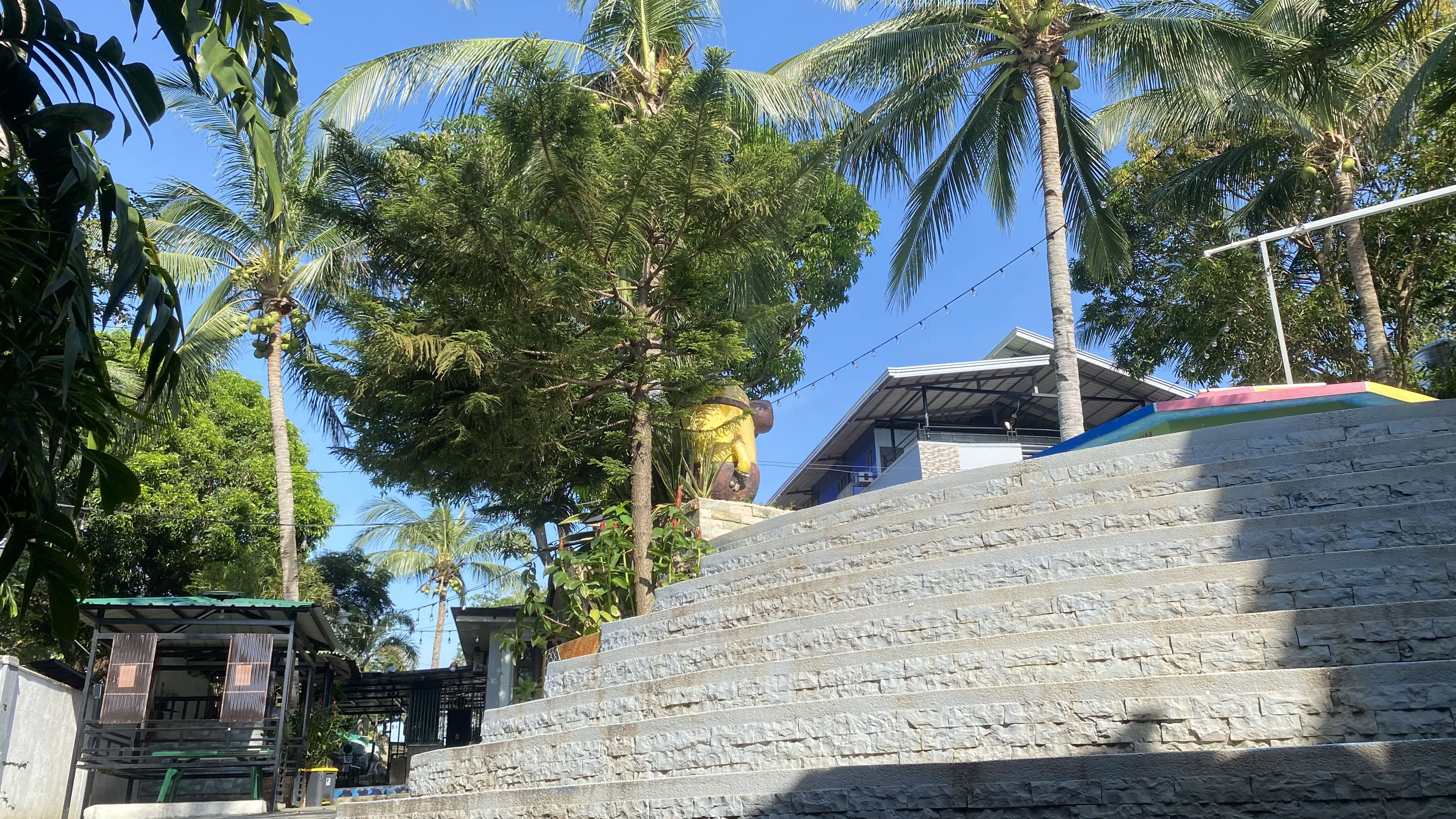 Scenic outdoor area at Emerald Resort featuring stone steps, lush palm trees, and a tropical ambiance under a clear blue sky.